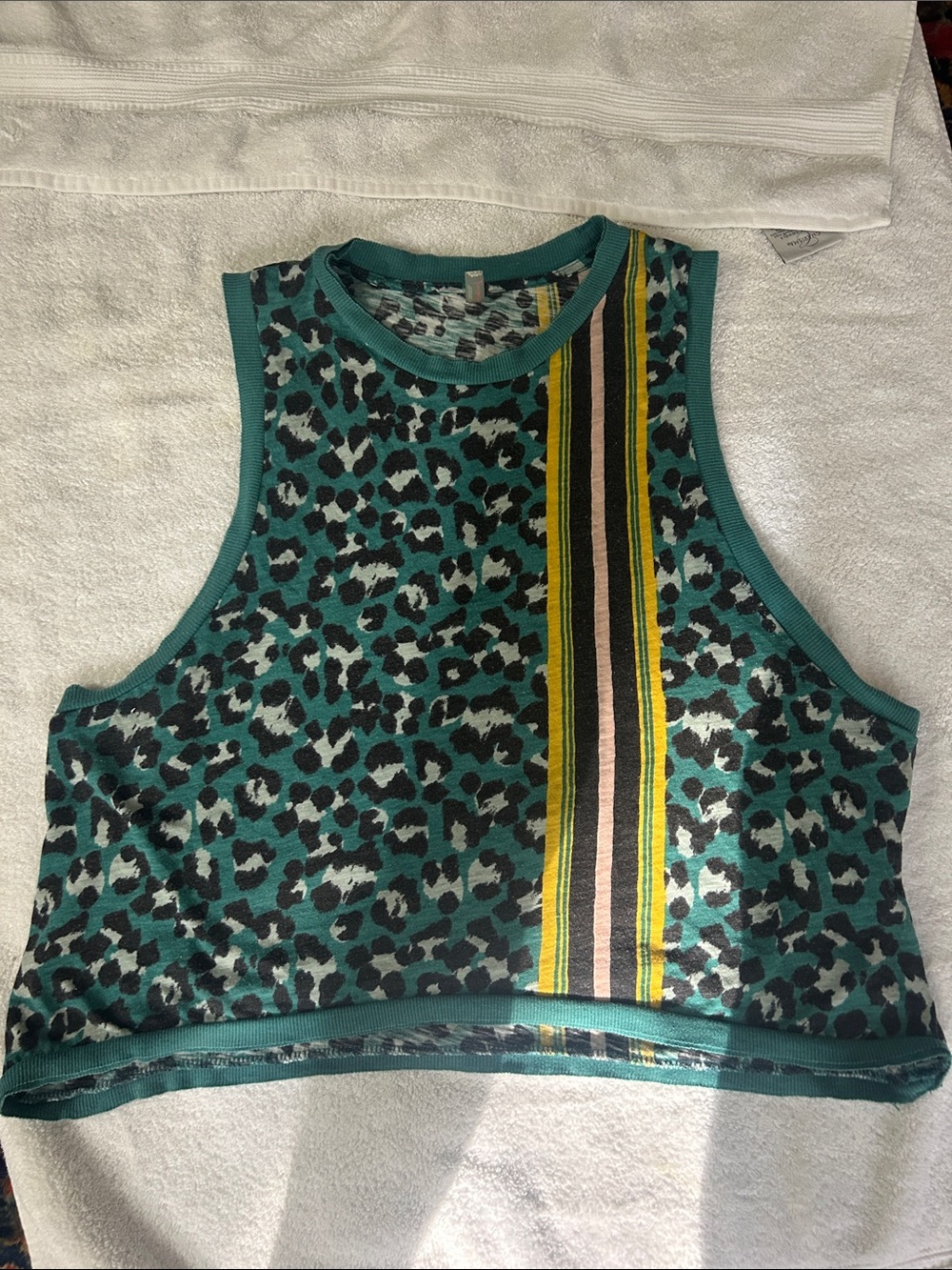FP Movement by Free People Teal Leopard Crop Tank with Yellow & Tan Stripes